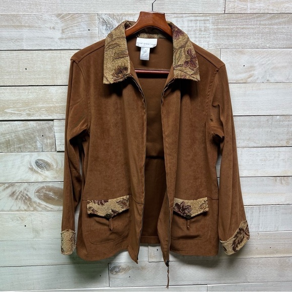 Susan Graver Floral Tapestry Jacket Medium Western Full Zip Fringe Brown - Picture 9 of 13